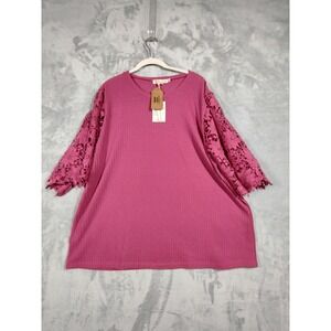 Grace + Emma Magenta Waffle Knit Top Floral Crochet Lace Sleeve Size 3XL NWT